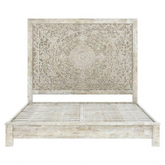 Indian Hand Carved Solid Wood King Size Bed White Wash 107